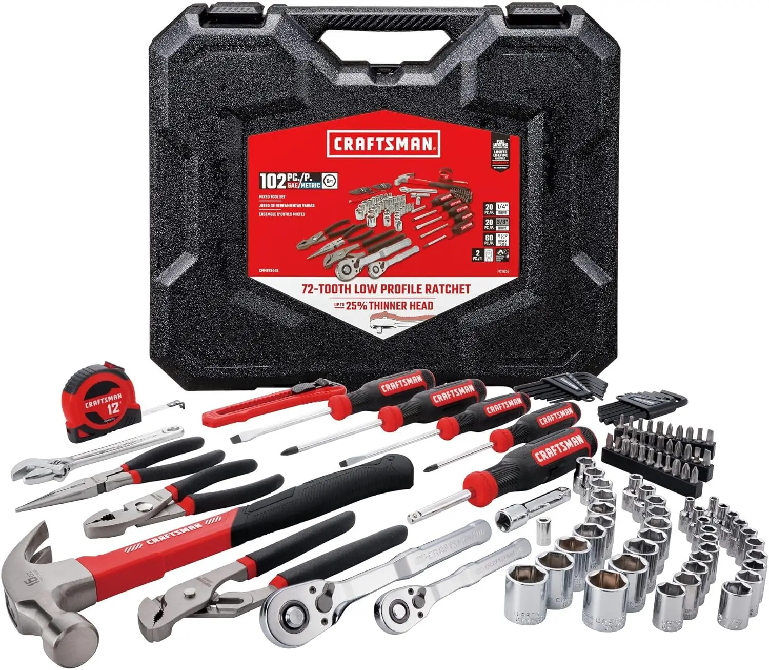 CRAFTSMAN 102-Piece Tool Kit for Home and Car, Durable Hand Tools Set with SAE and Metric Socket Set, Screwdrivers, Wrench, Hammer, Pliers, Knife, Hex Keys